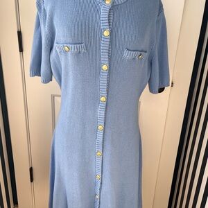 H&M Light Blue Short-Sleeve Knit Dress with Gold Buttons Sz L